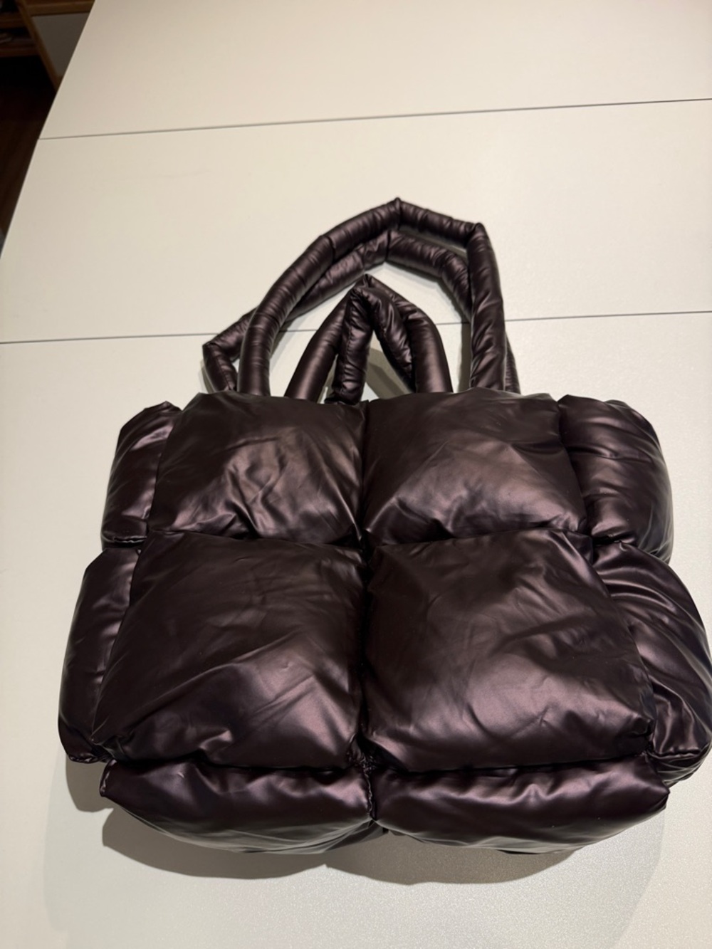Anthropologie Shiny Dark Brown Quilted Tote - Picture 2 of 4
